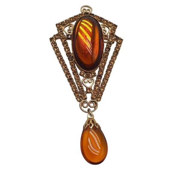Vintage Art Deco Style Amber Brooch With Dangling Teardrop - Picture 1 of 5
